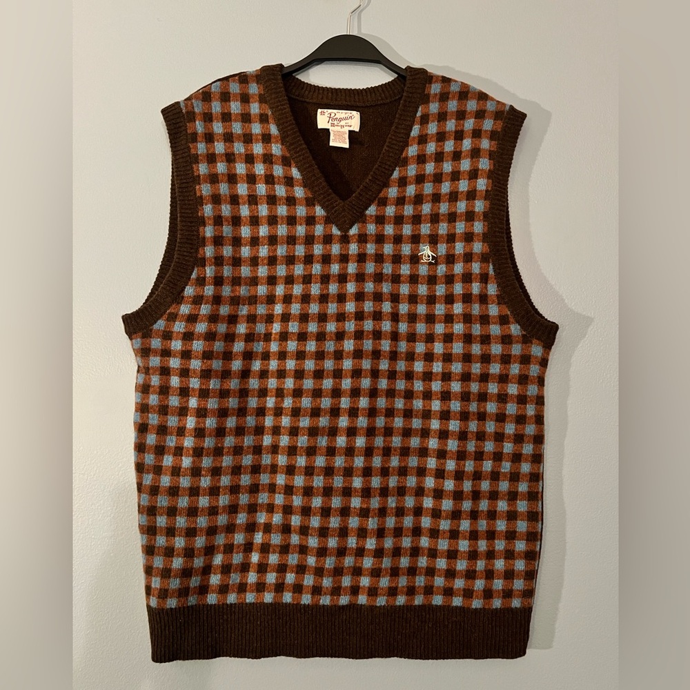 Original Penguin V-Neck Brown and Blue Checkered Patterned Sweater Vest